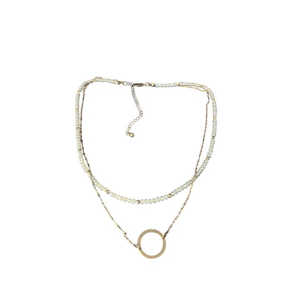 Dainty 2 Strand Necklace Goldtone Chain Circle White Faceted Glass Beads 16-19in - Picture 2 of 2